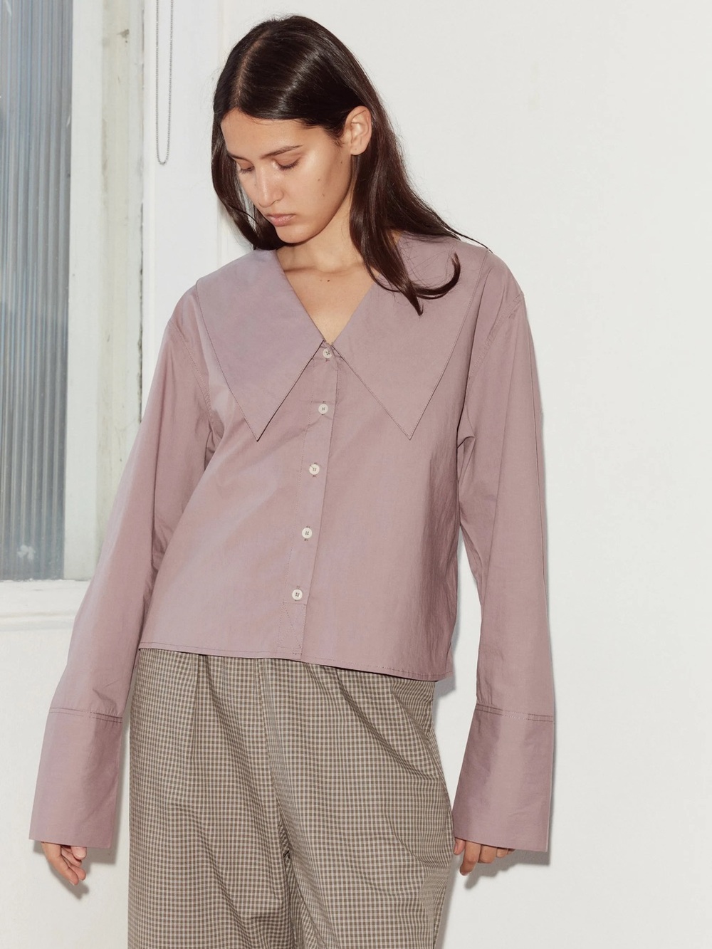Deiji Studios Women's Wide Sailor-Style Collar Button Front Top in Dusty Mauve